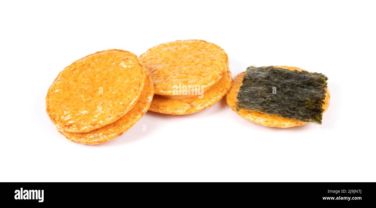 Japanese rice crackers on white background Stock Photo