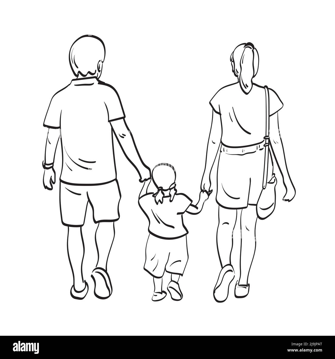 line art rear view of father mother and daughter walking together illustration vector hand drawn isolated on white background Stock Vector