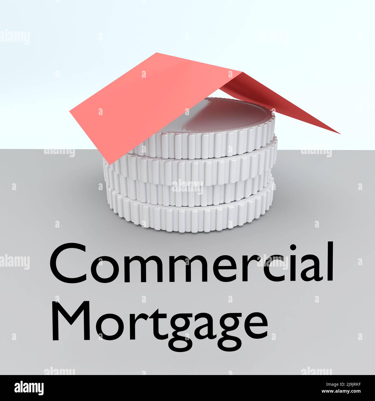 3D illustration of four coins under a symbolic red roof, along with the script Commercial Mortgage. Stock Photo