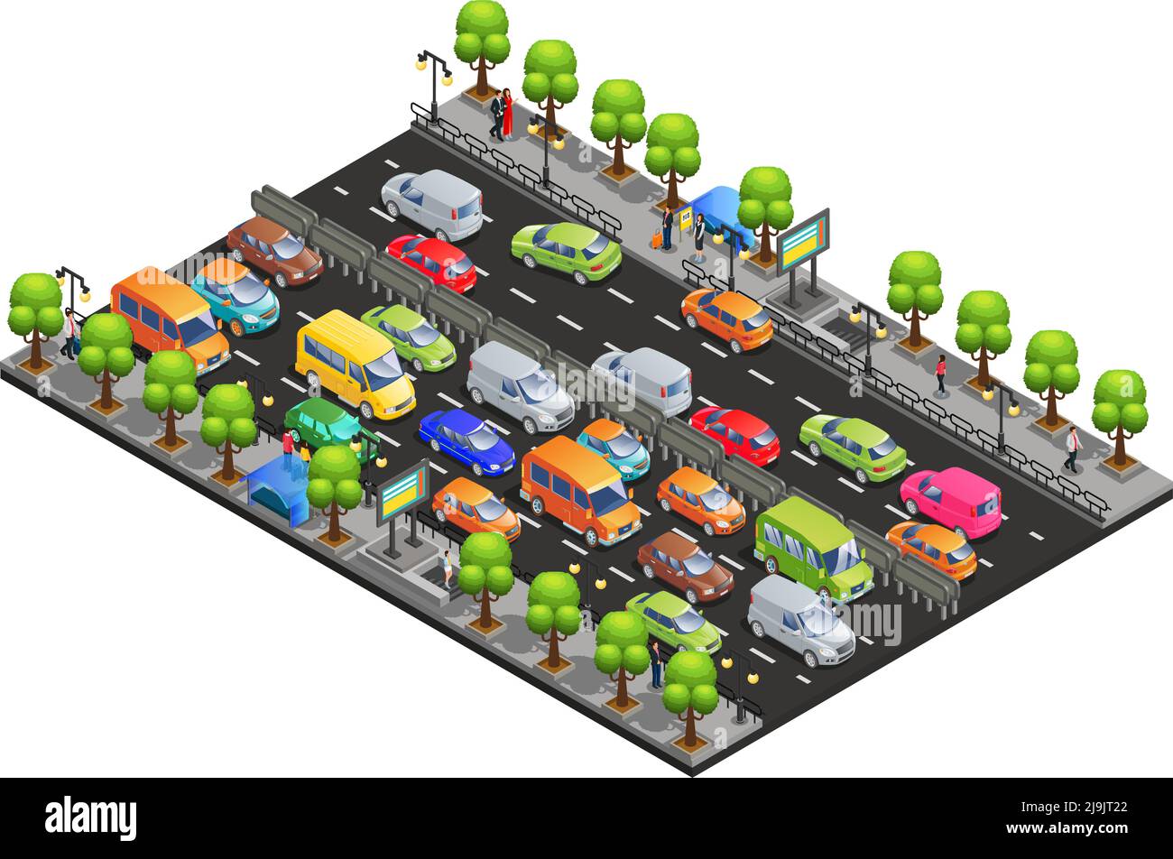 Isometric traffic jam concept with different cars on road trees and walking people isolated vector illustration Stock Vector
