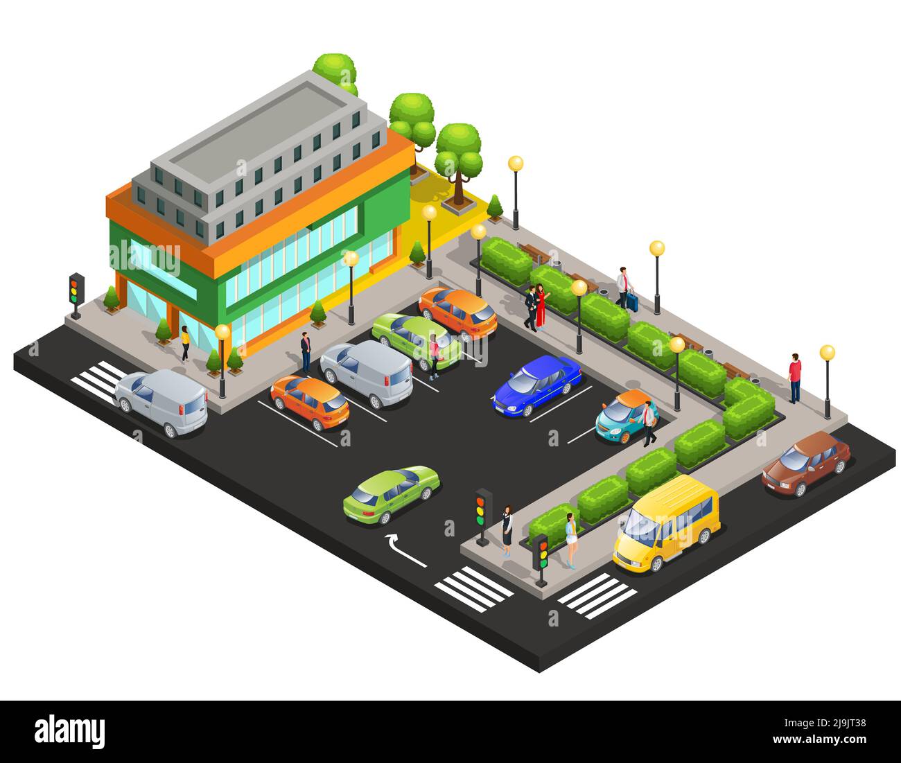 Isometric shopping center concept with cars on parking near supermarket building trees bushes walking people isolated vector illustration Stock Vector