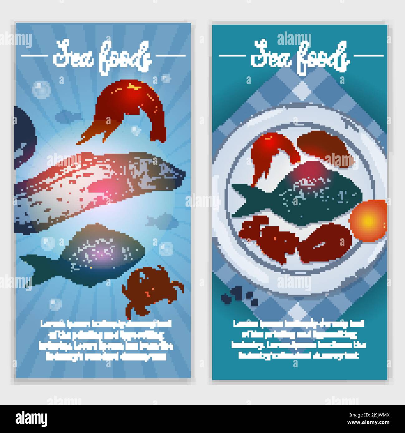 Hand drawn vertical banners with   underwater life and seafood at dish on checkered cloth isolated vector illustration Stock Vector