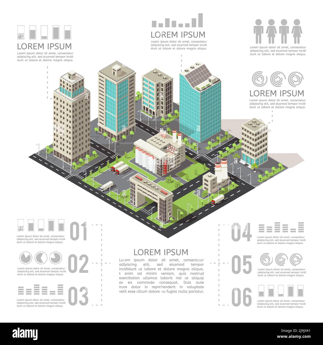 Office buildings isometric infographics with skyscrapers and factories roads and transportation charts and text vector illustration Stock Vector