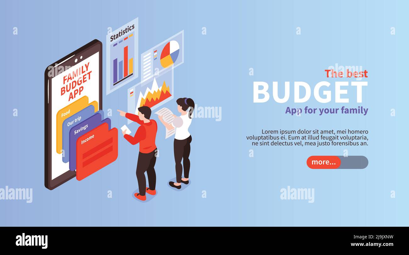 Family budget income distribution planning app info isometric horizontal landing page banner with smartphone screen vector illustration Stock Vector