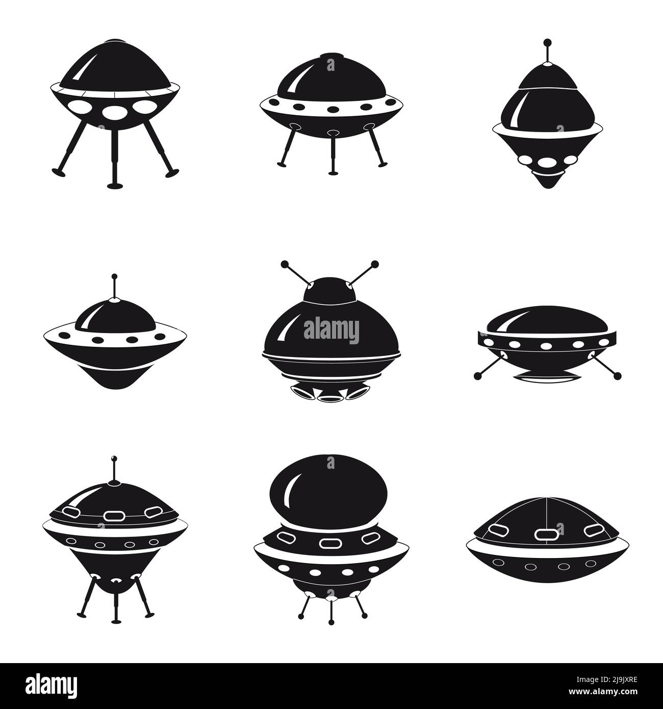 UFO icon set, spacecraft of alien. Vector flat black color style illustration Stock Vector