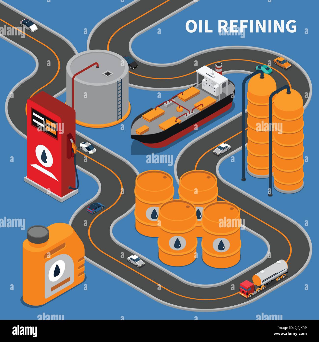 Oil and gas industry isometric composition with refining equipment and