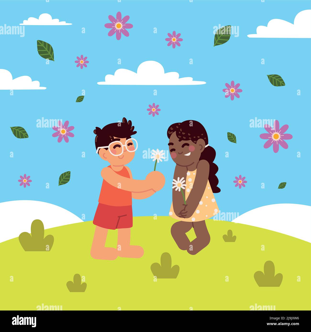 Vector Graphics Spring Children kids and spring flowers Stock Vector Image & Art - Alamy