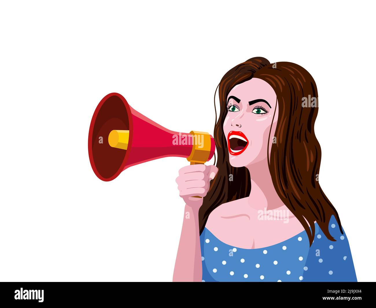 Woman shouting in megaphon, loudspeaker. Female cartoon character ...