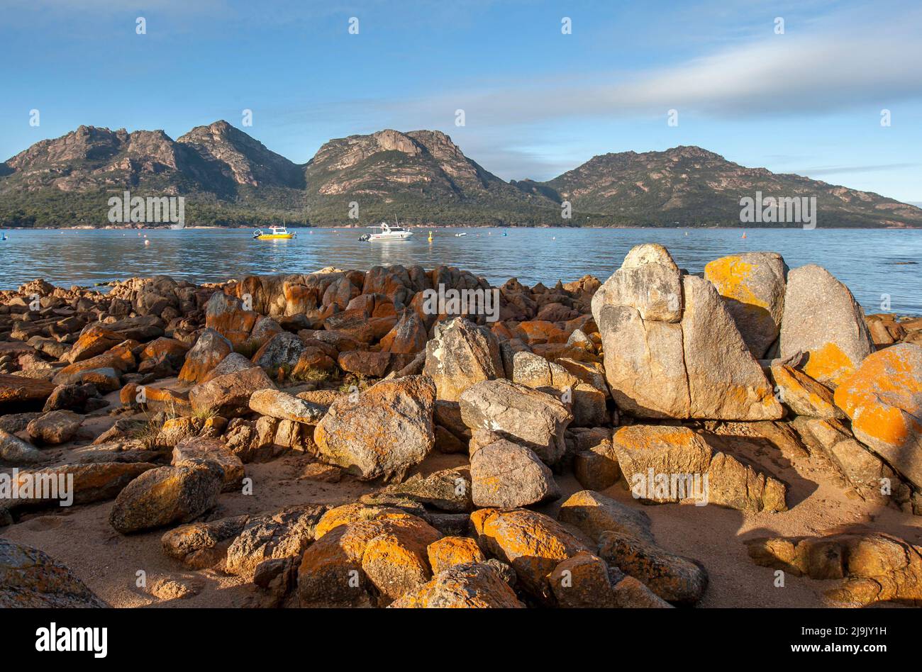 Lichen covered granite rocks on the Coles Bay coastline looking towards the Hazards mountain range on the east coast of Tasmania in Australia. Stock Photo