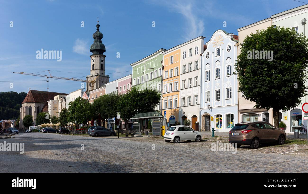 Burghausen, Germany - Jul 25, 2021: Old town of Burghausen with church St. Jakob. Stock Photo