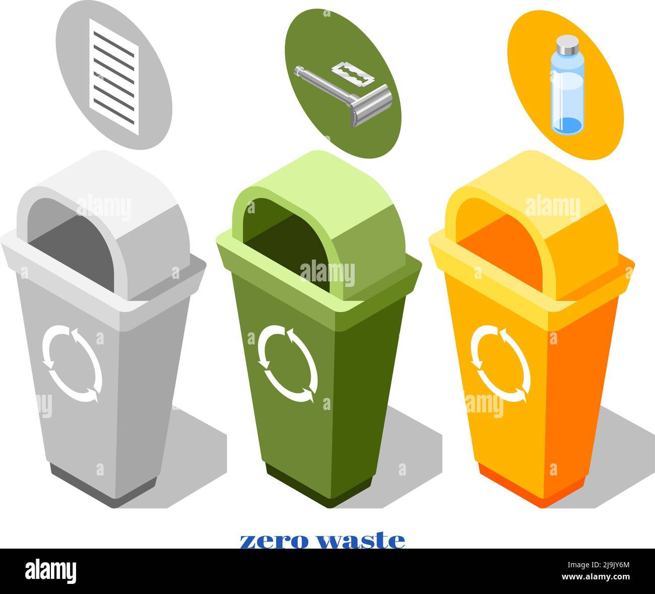 Zero waste composition with colorful rubbish bins for trash sorting isolated on white background 3d vector illustration Stock Vector