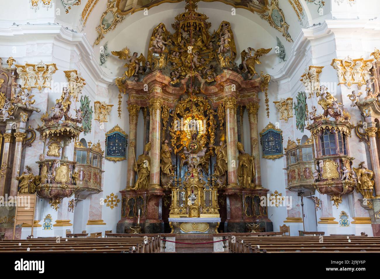 Burghausen, Germany - Jul 25, 2021: View on the main altar of church Marienberg. Stock Photo