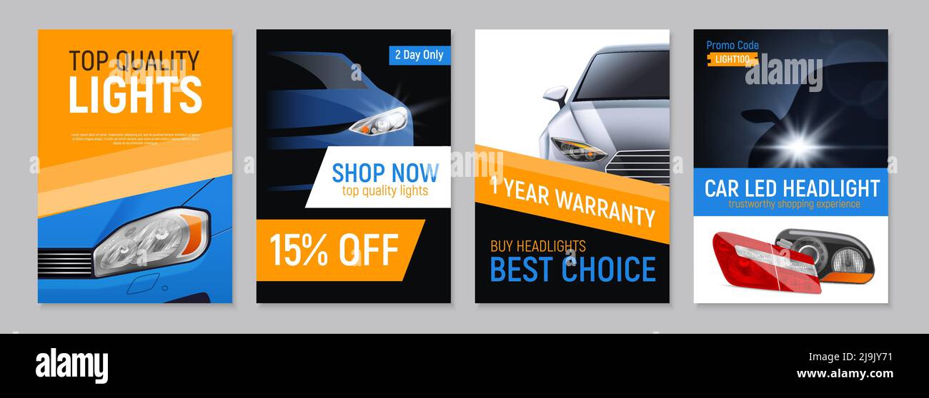 Set of four realistic auto headlights advertising banners with editable