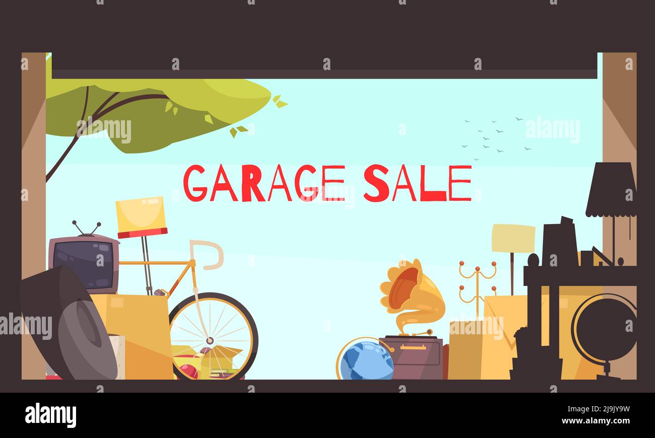 Garage sale background with bicycle TV and furniture symbols flat