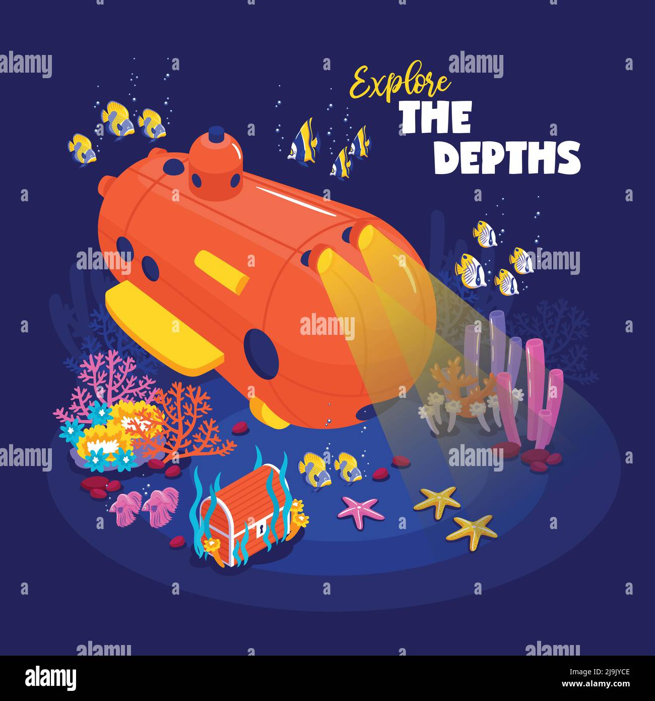 Funny deep diving bathyscaphe on ocean bottom surrounded by fish coral reef treasure chest isometric vector illustration Stock Vector