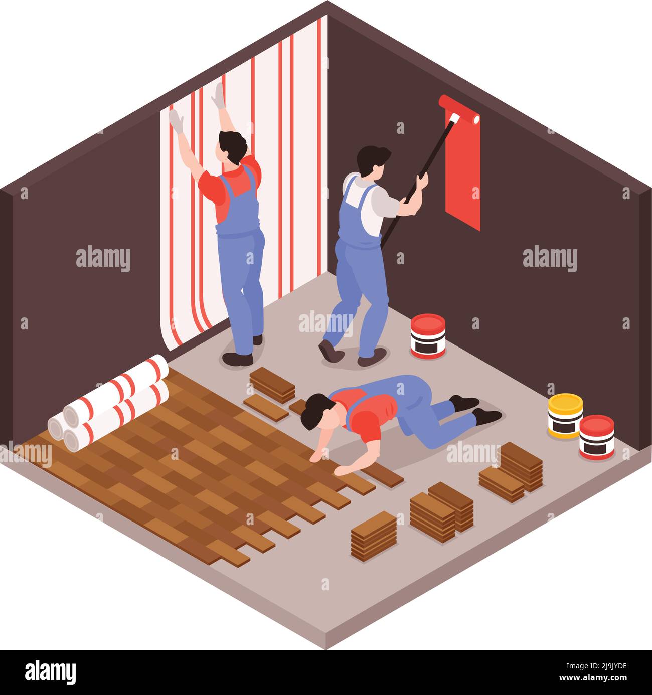 Home remodeling repair service isometric composition with renovation team wallpapering laying floor tiles painting walls vector illustration Stock Vector