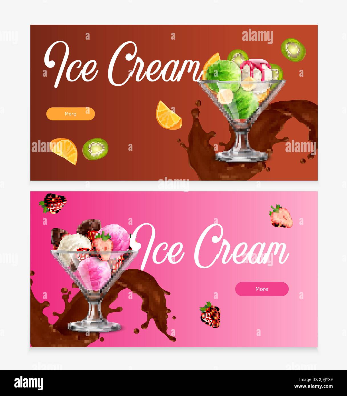 Natural fruit ice cream balls desserts with chocolate splash 2 realistic horizontal background web banners vector illustration Stock Vector