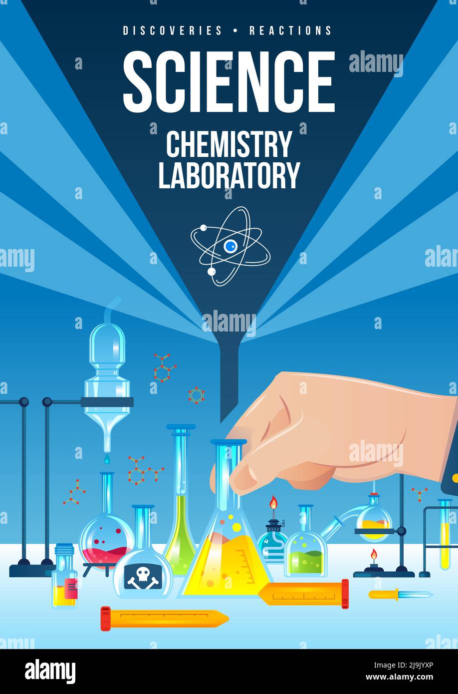 Science chemistry laboratory vertical poster with flasks tubes with colorful chemicals and other equipment flat vector illustration Stock Vector