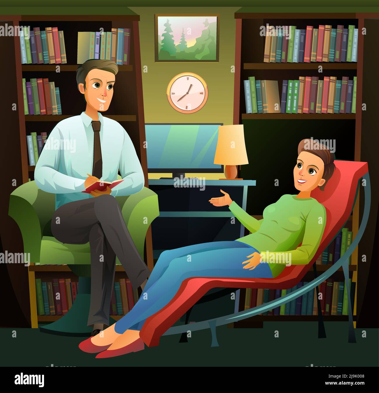 Psychologist and patient woman. Office with couch sofa bed. Specialist in psychology for adults and child. Visit to doctor. Cartoon style. On backgrou Stock Vector