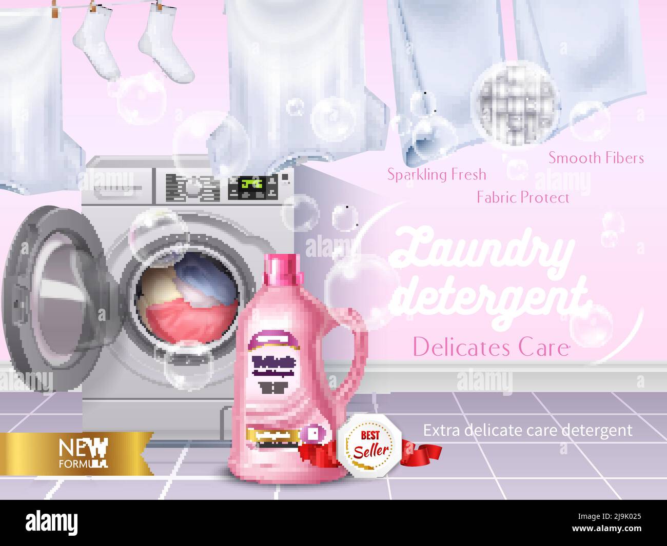 Realistic laundry detergent composition  with delicates care headline and soft pink color of product vector illustration Stock Vector