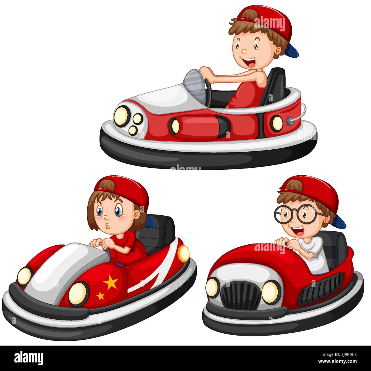 Set of different kids driving bumper cars in cartoon style illustration