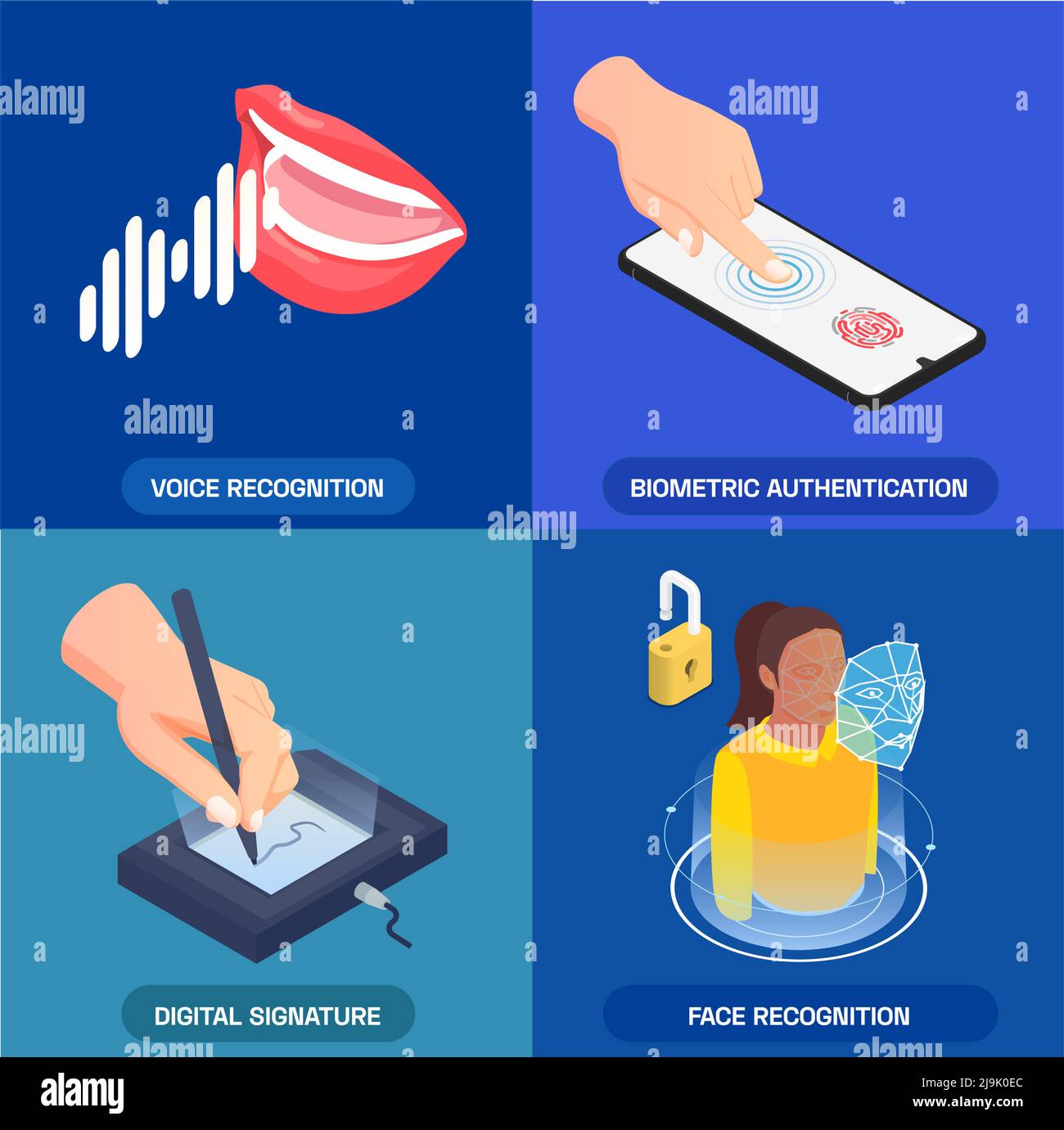 Biometric authentication 2x2 icons set with voice face fingerprint recognition and digital signature 3d isometric isolated vector illustration Stock Vector