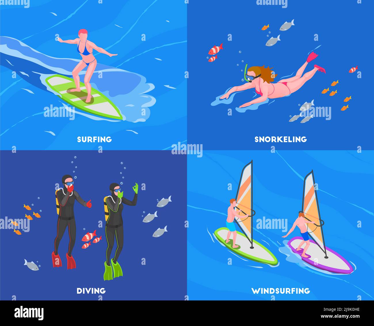 Four squares water sports isometric concept set with surfing snorkeling
