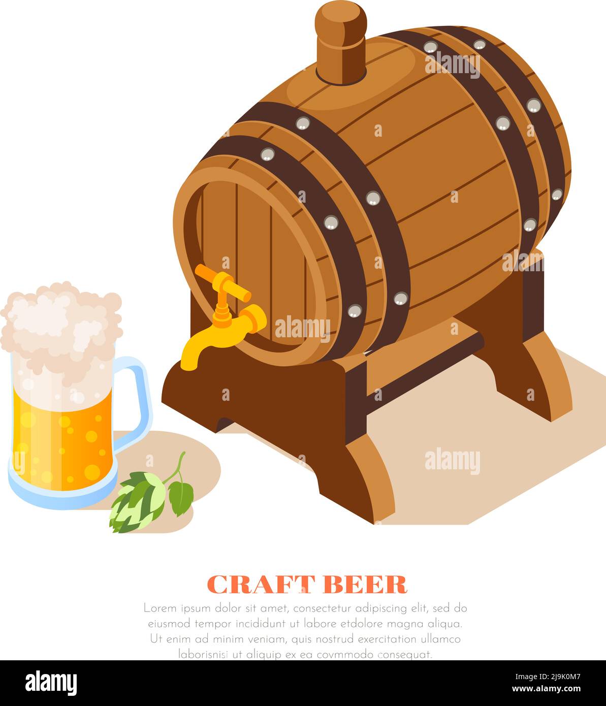 Local brewery craft beer pub advertisement isometric composition with oak barrel full mug hop leaves vector illustration Stock Vector