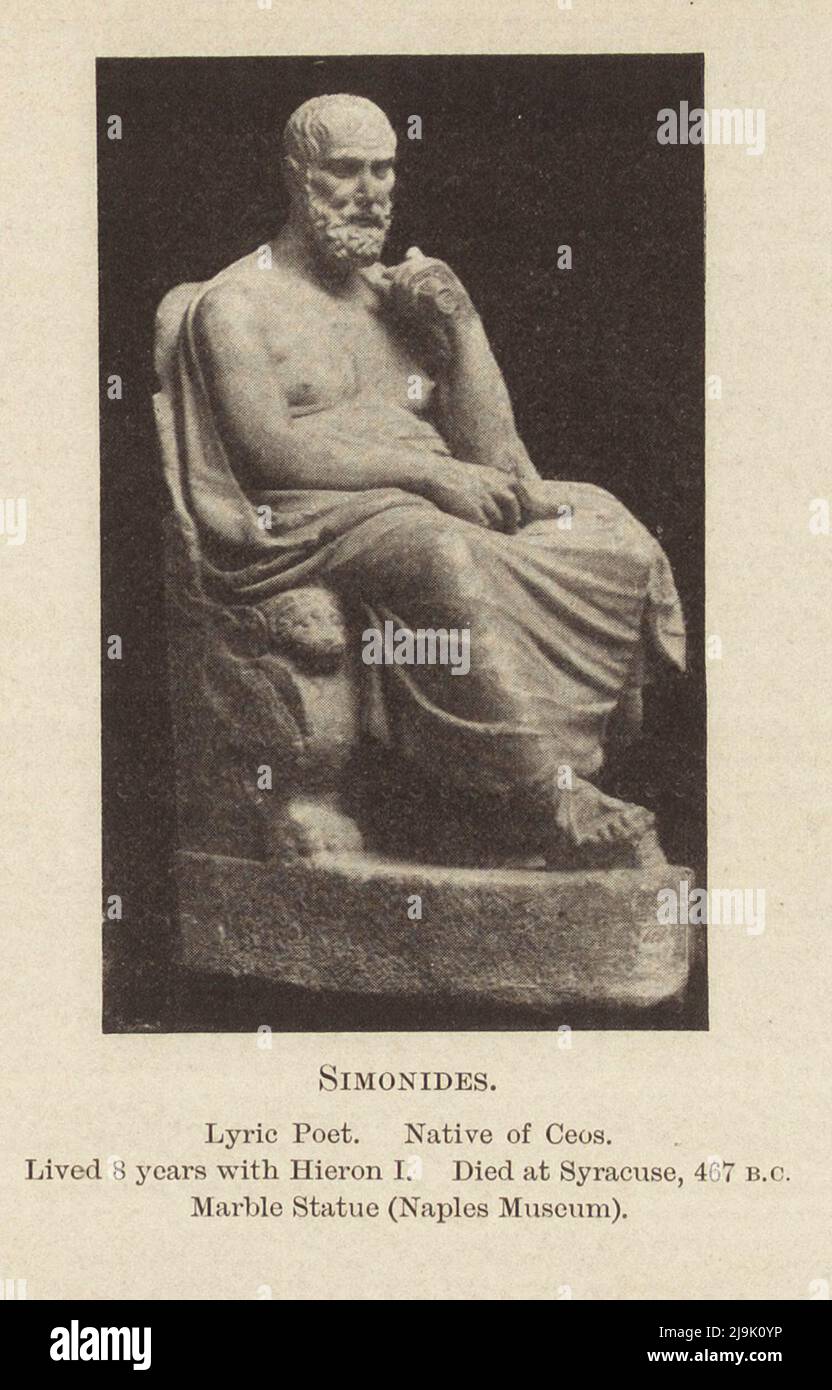 Simonides. Lyric Poet. Native of Ceos. Lived 8 years with Hieron I. Died at Syracuse, 407 b.c. Marble Statue from the book ' Greek coins and their parent cities ' by John Ward, and Sir George Francis Hill, Publication date 1902 Publisher London, J. Murray Stock Photo