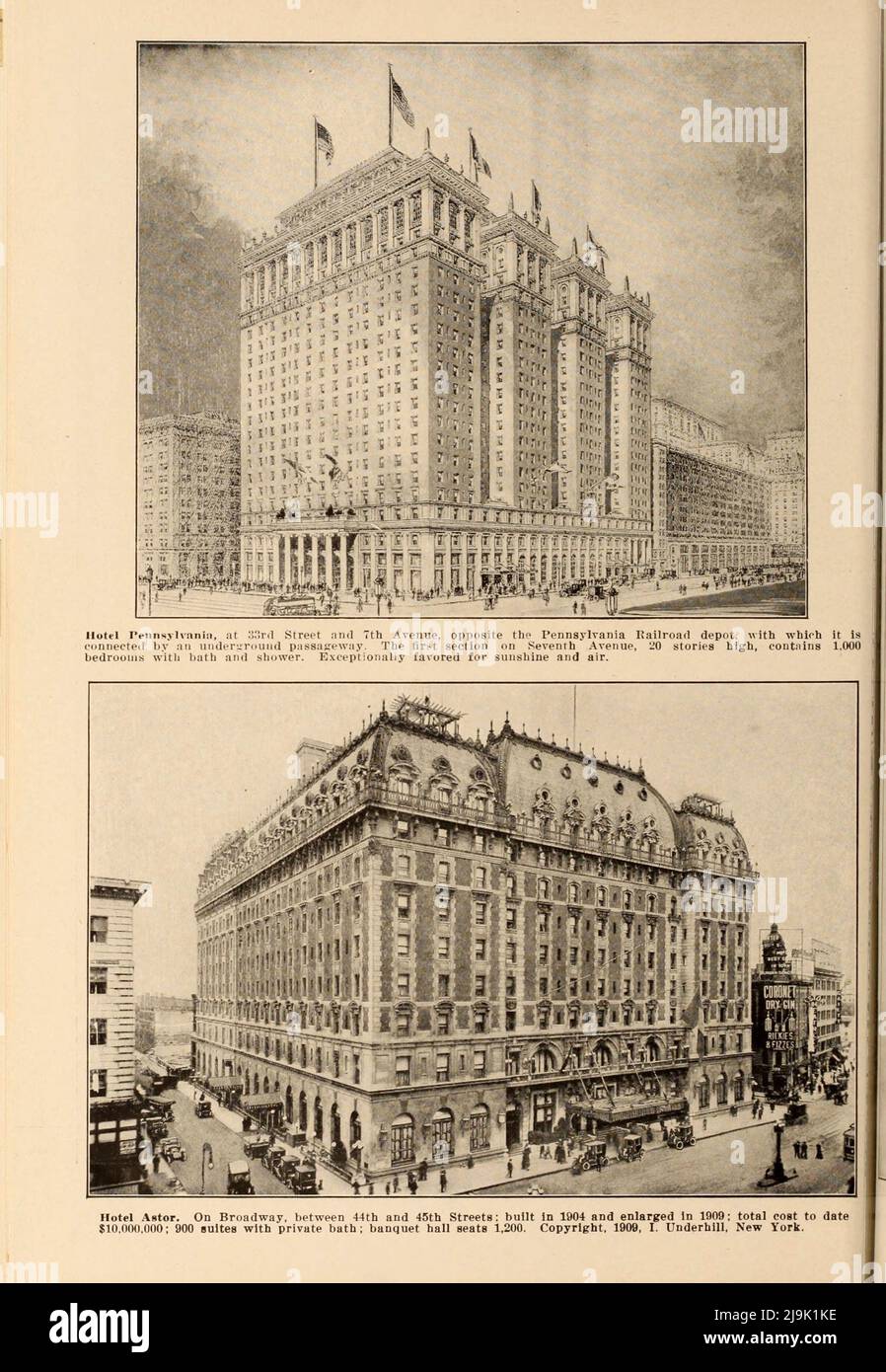 Hotel Pennsylvania on 33rd street and 7th Avenue; Hotel Astor on Broadway 1916 from the book ' New York illustrated ' Publication date 1916 Publisher New York : Success Postal Card Co. Stock Photo