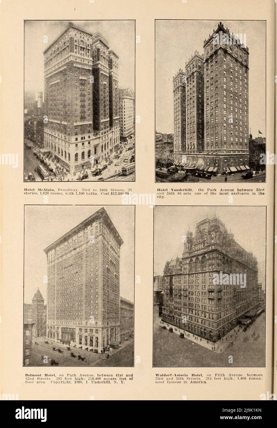 Hotel McAlpin; Hotel Vanderbilt; Belmont Hotel; Waldorf-Astoria Hotel from the book ' New York illustrated ' Publication date 1916 Publisher New York : Success Postal Card Co. Stock Photo