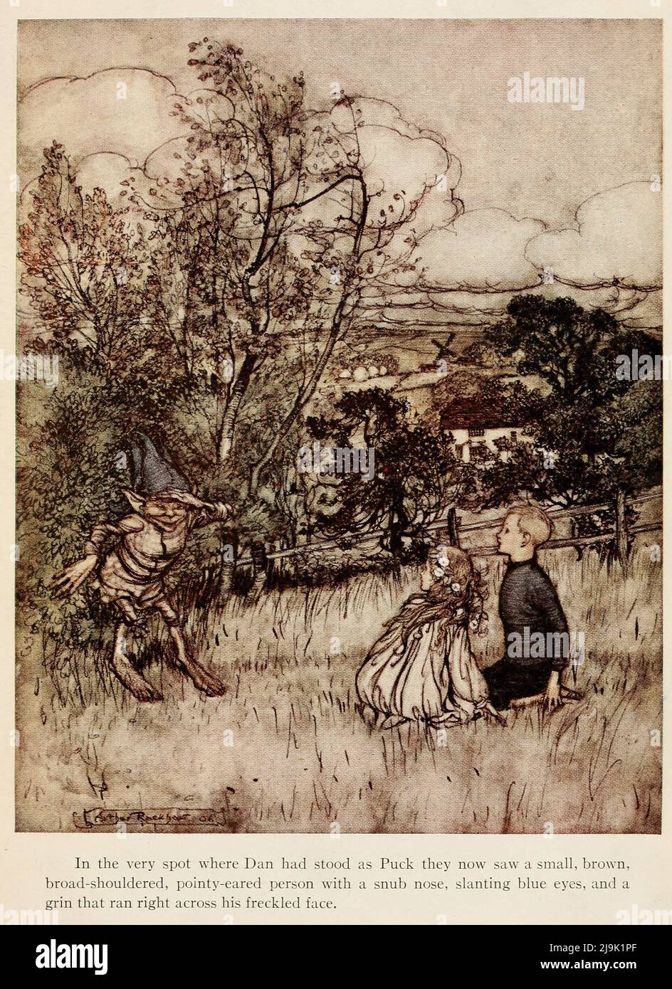 In the very spot where Dan had stood as Puck they saw a small, brown, broad-shouldered, pointy- eared person with a snub nose, slanting blue eyes, and a grin that ran right across his freckled tace. from the book ' Puck of Pook's Hill ' by Rudyard Kipling, 1865-1936; Illustrated by Arthur Rackham, 1867-1939,  Publisher New York : Doubleday, Page  1906 Puck of Pook's Hill is a fantasy book by Rudyard Kipling, published in 1906, containing a series of short stories set in different periods of English history. It can count both as historical fantasy – since some of the stories told of the past ha Stock Photo