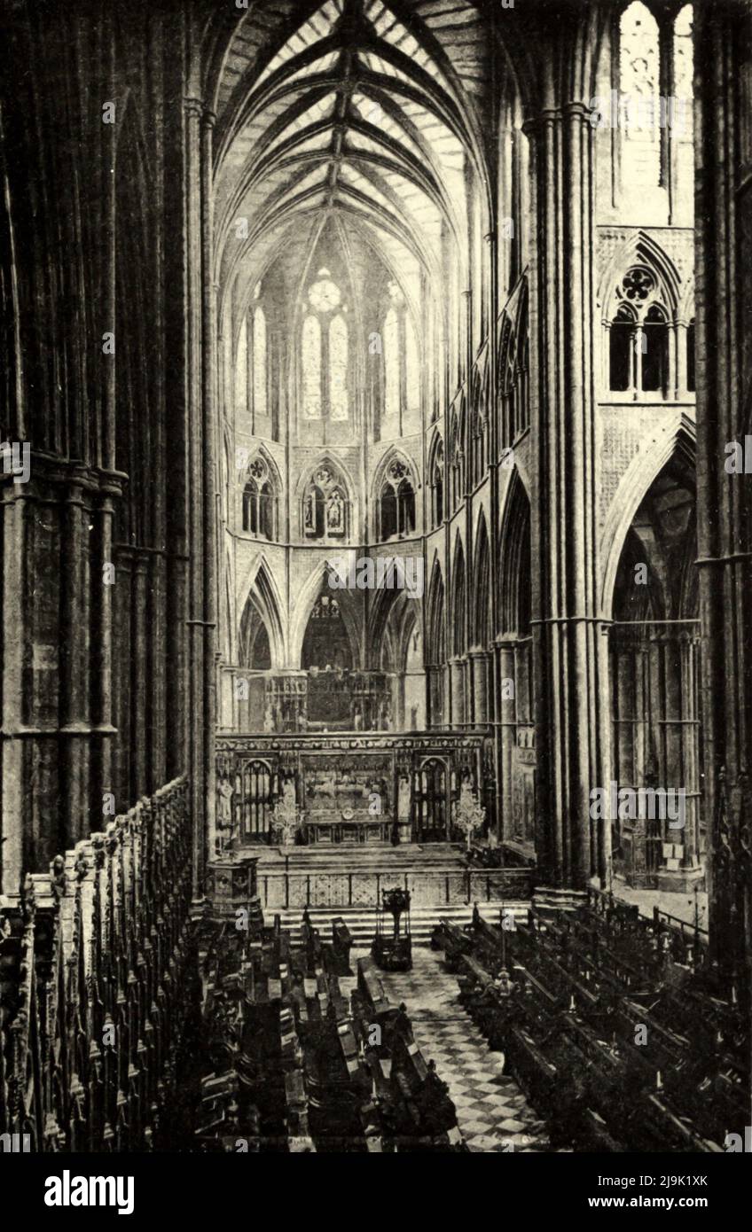 THE CHOIR, WESTMINSTER ABBEY, LOOKING EAST from the book ' The sketch-book of Geoffrey Crayon, gent ' by Washington Irving, 1783-1859; Publication date 1895 Publisher New York : G.P. Putnam's Sons The Sketch Book of Geoffrey Crayon, Gent., commonly referred to as The Sketch Book, is a collection of 34 essays and short stories written by the American author Washington Irving. It was published serially throughout 1819 and 1820. The collection includes two of Irving's best-known stories, attributed to the fictional Dutch historian Diedrich Knickerbocker: 'The Legend of Sleepy Hollow' and 'Rip Van Stock Photo