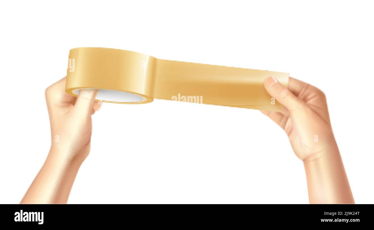 Colored and realistic sticky golden and shiny adhesive tape in hands