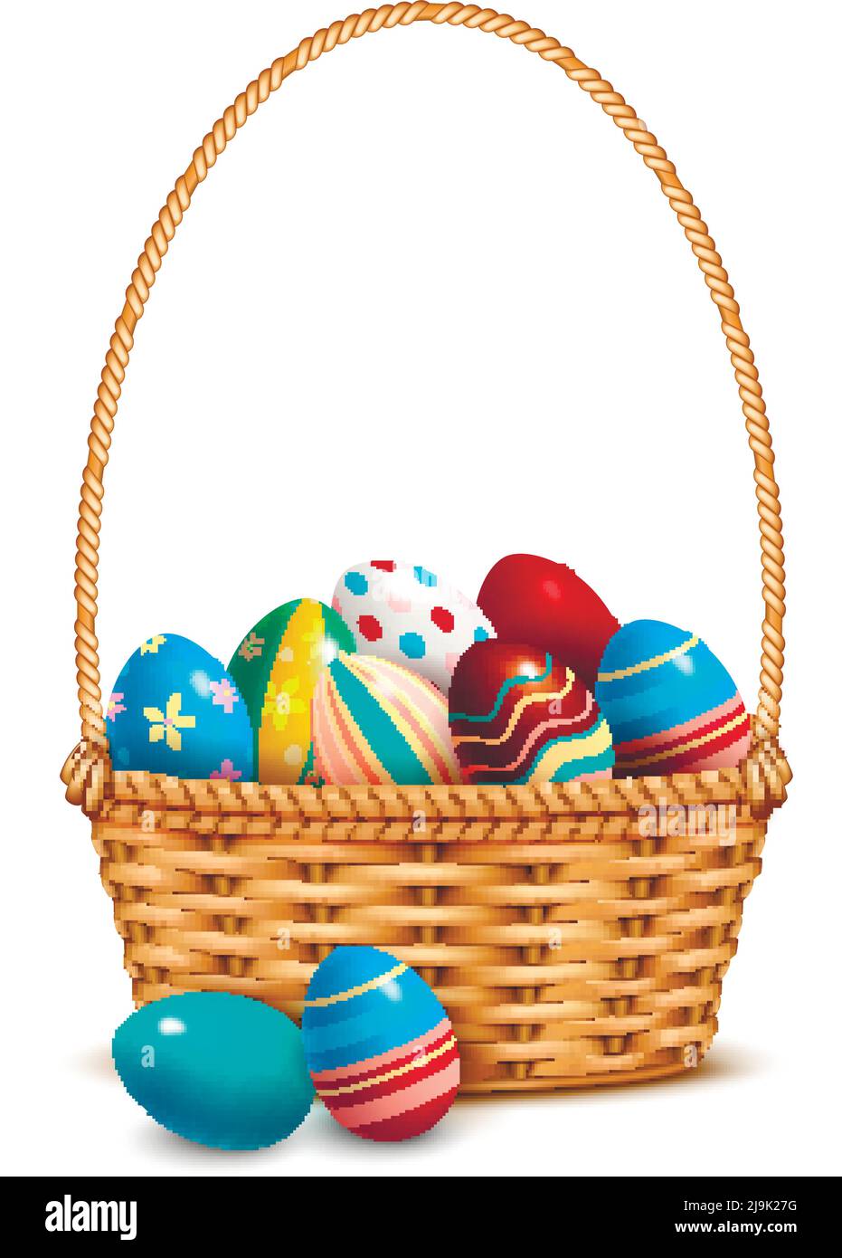 Willow wicker basket one handle full with painted colorful easter eggs ...