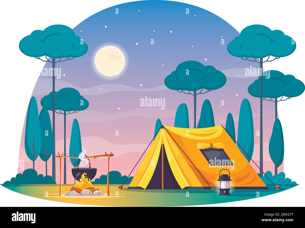 Camping Place Cartoon Composition With Yellow Tent Lamp Pot With Dinner On Fire Night Sky Vector Illustration Stock Vector Image Art Alamy