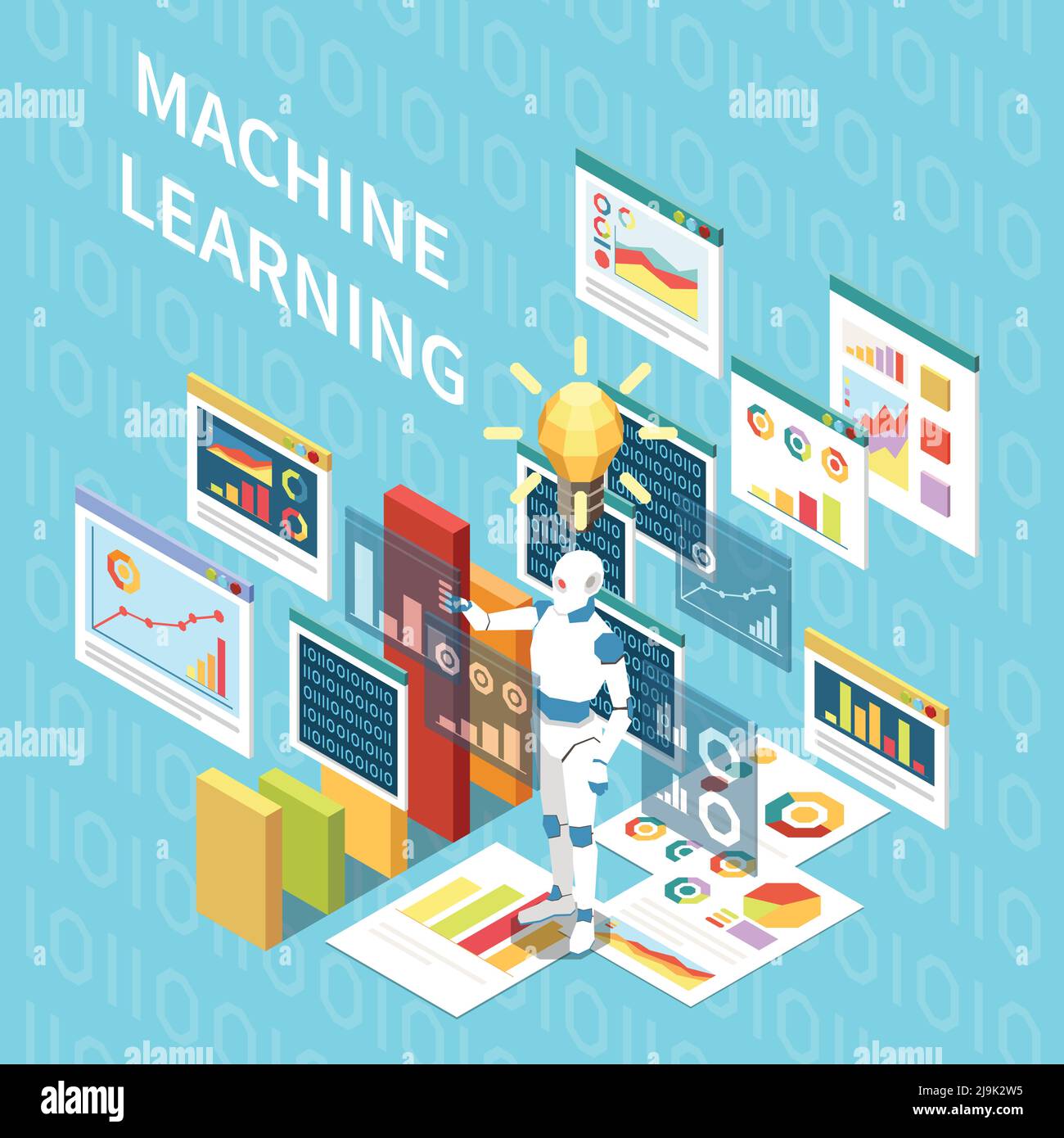 Artificial intelligence isometric composition with editable text and holographic windows with graphs touched by anthrophomorphic robot vector illustra Stock Vector