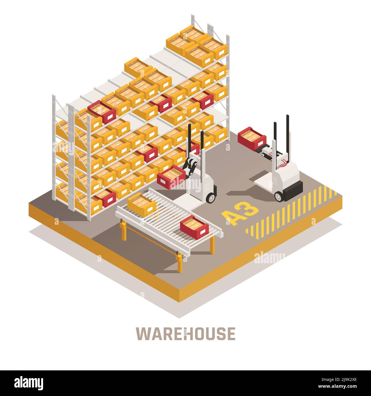 Modern warehouse storage facility with remotely operated forklift loaders placing cargo on