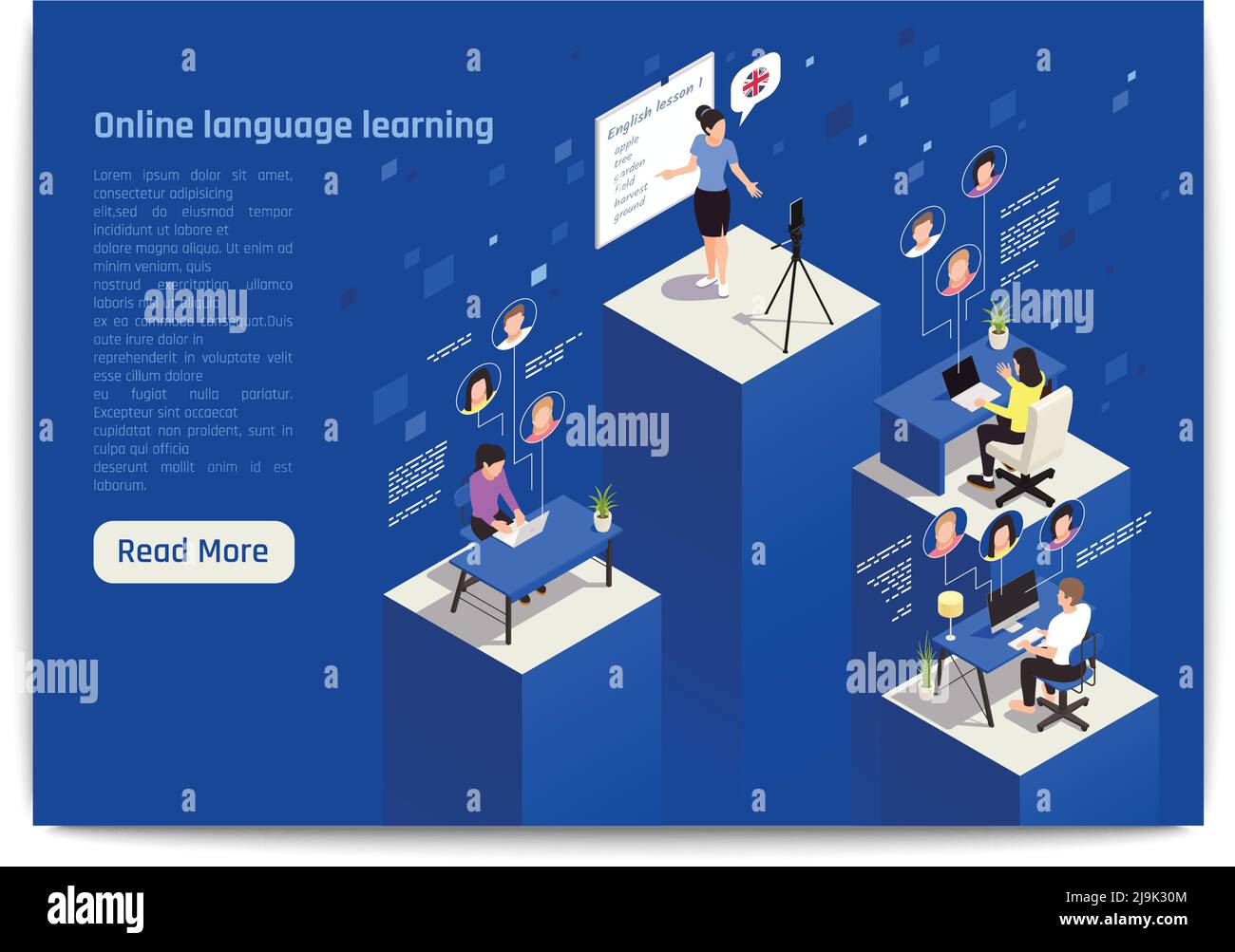 Learn foreign language in virtual classroom innovative flexible courses landing page with english lesson isometric vector illustration Stock Vector