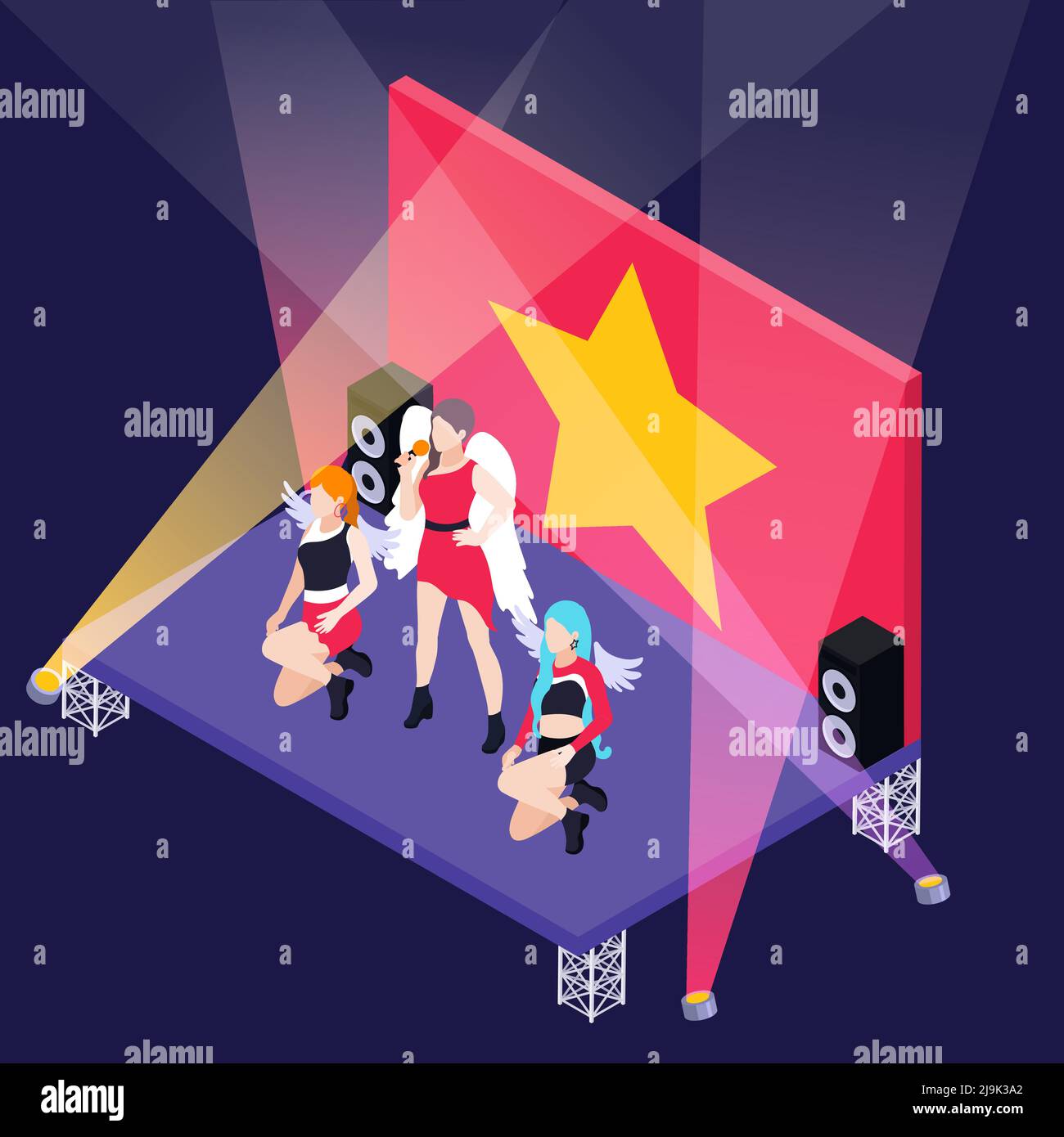 K pop group consisting of three girls on stage with spotlights and gold star on red background isometric vector illustration Stock Vector