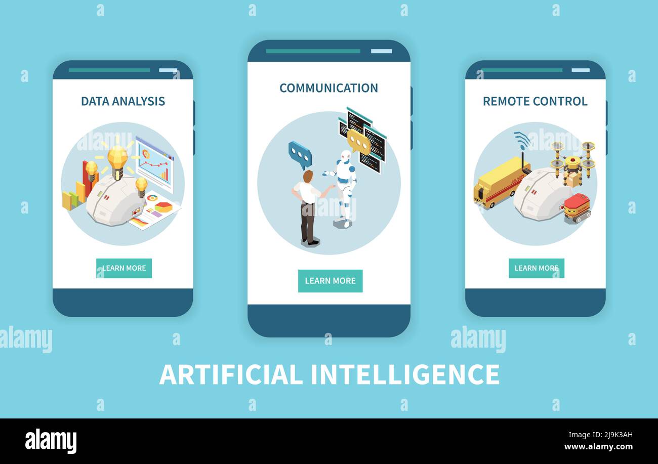 Artificial intelligence set of isometric vertical banners with data analysis and remote control images with buttons vector illustration Stock Vector