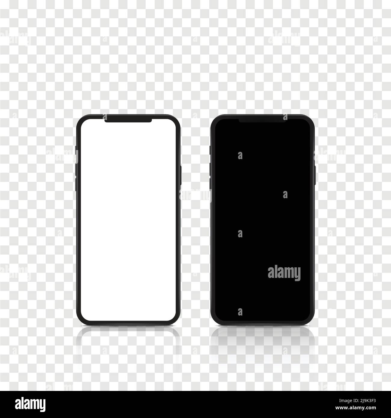 New realistic mobile black smartphone modern style with blank screen on transparent background. Realistic vector illustration. Stock Vector