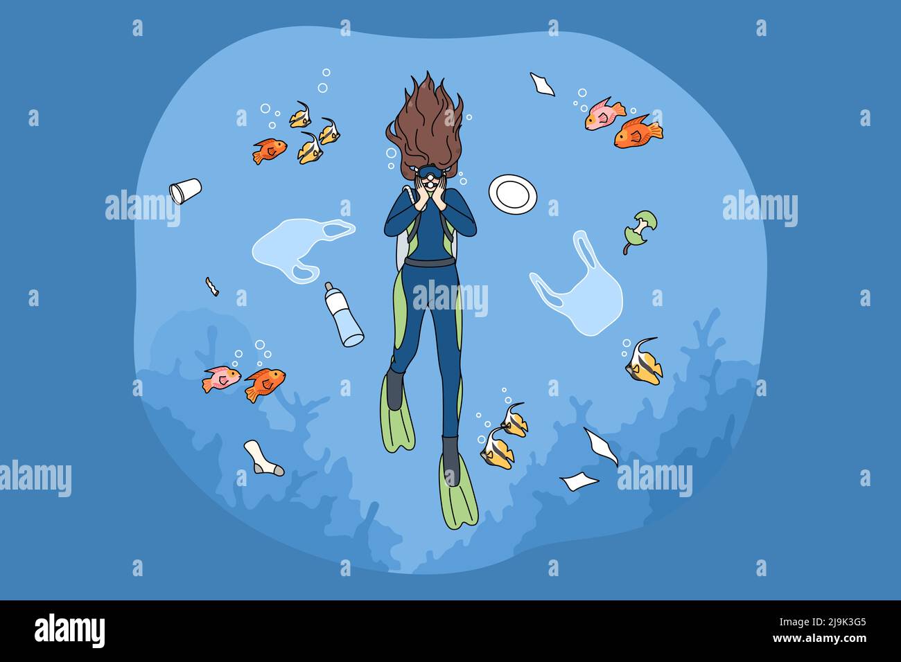 Scuba diver floating in contaminated with plastic garbage sea. Female swimming in ocean see water contamination. Concept of ecological catastrophe and ecosystem. Vector illustration.  Stock Vector