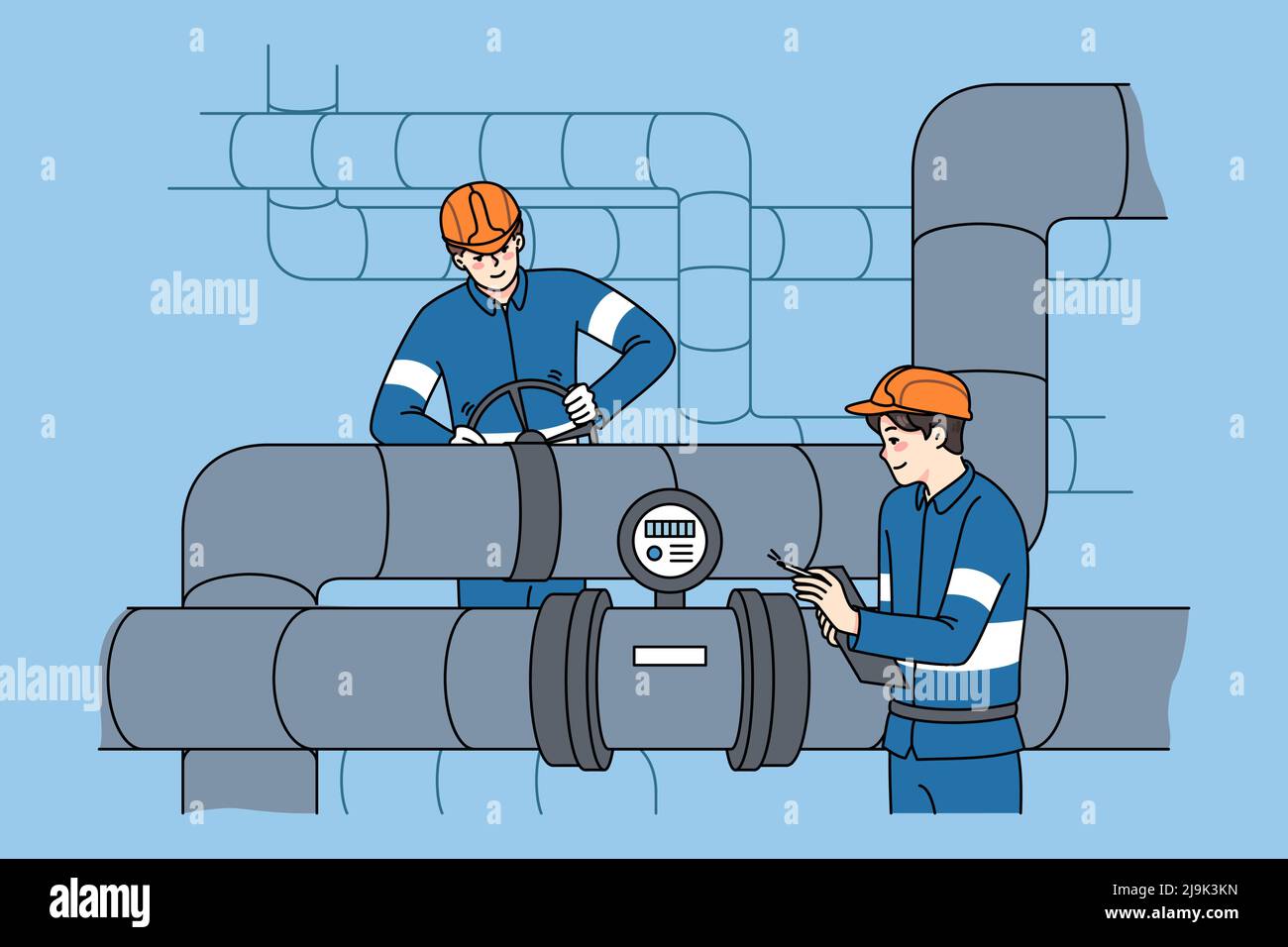 Male workers in uniform inspect and maintain water tubes and pipes. Mechanics control pipeline