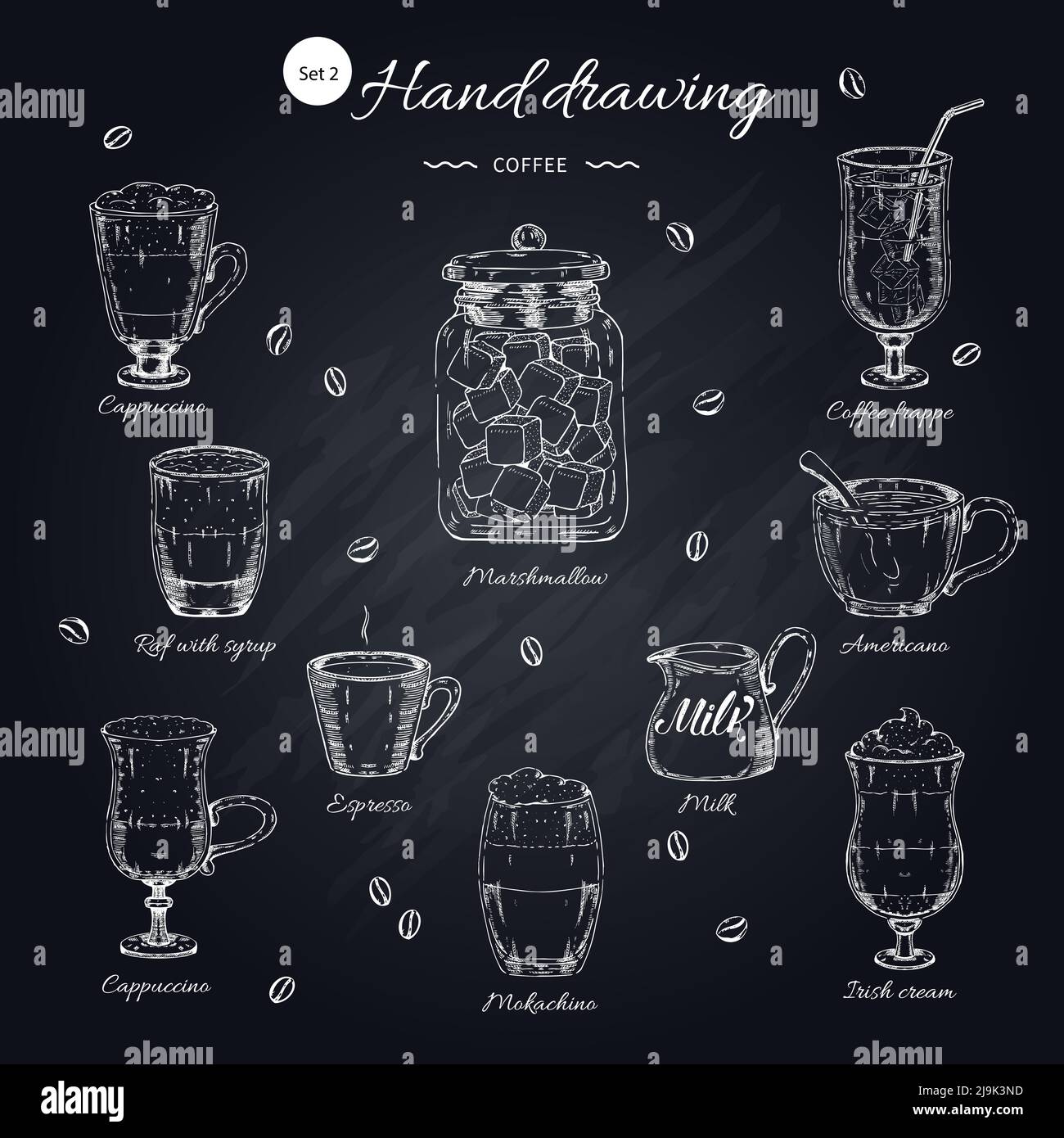Coffee hand drawn elements set with beverages and drinking utensils on ...