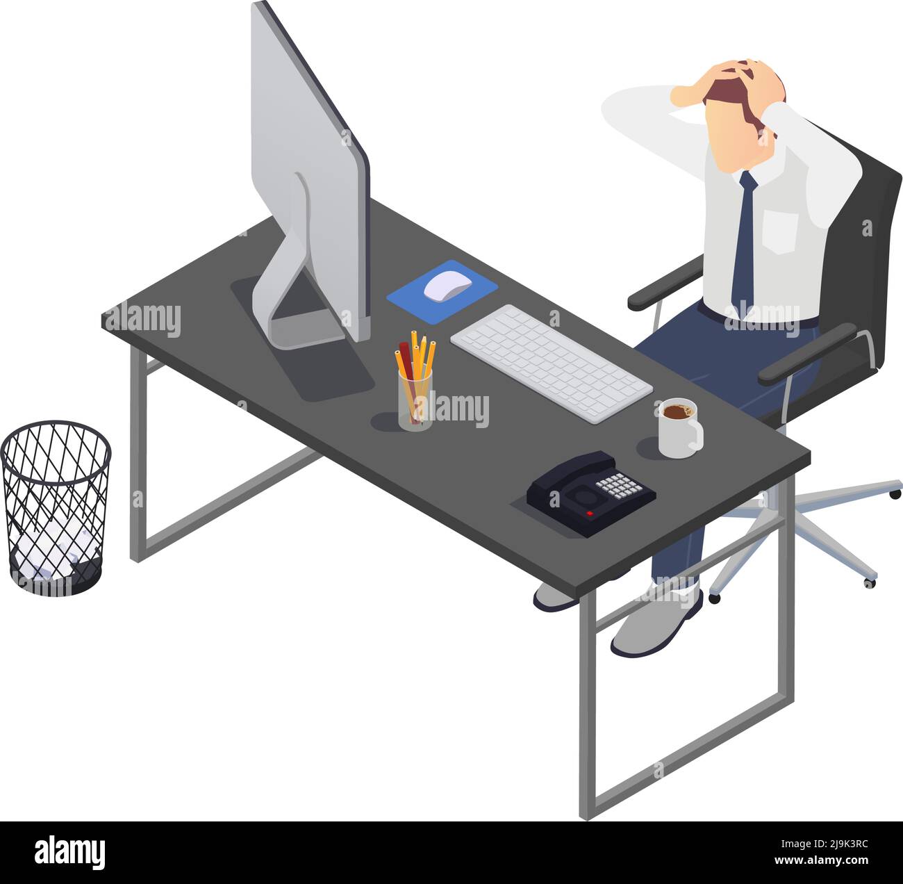 Professional burnout depression frustration isometric composition with business worker clutching head at working place vector illustration Stock Vector