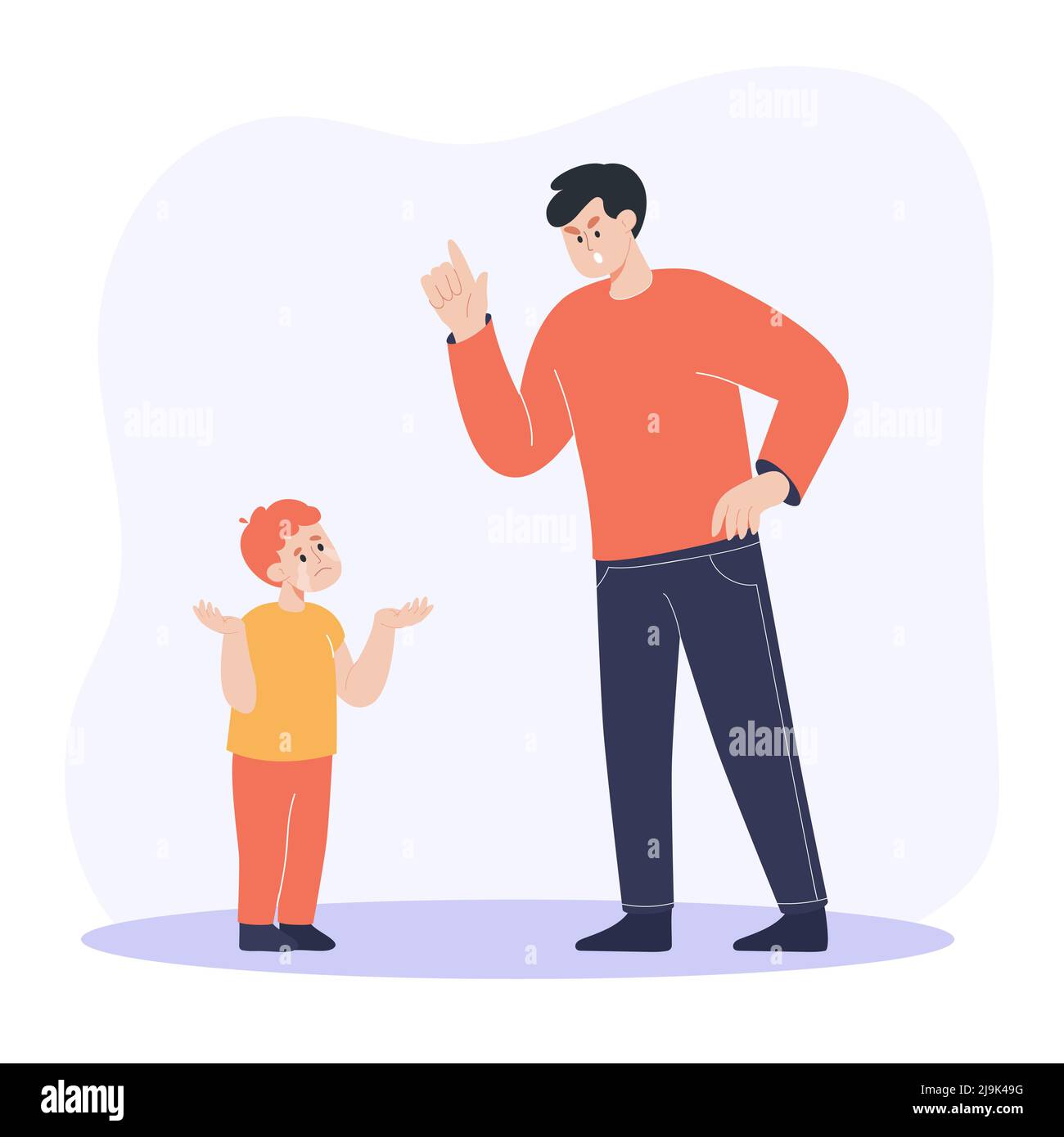 Angry father screaming at crying son flat vector illustration. Dad punishing sad kid for breaking rules or bad behavior. Parent having conflict with c Stock Vector