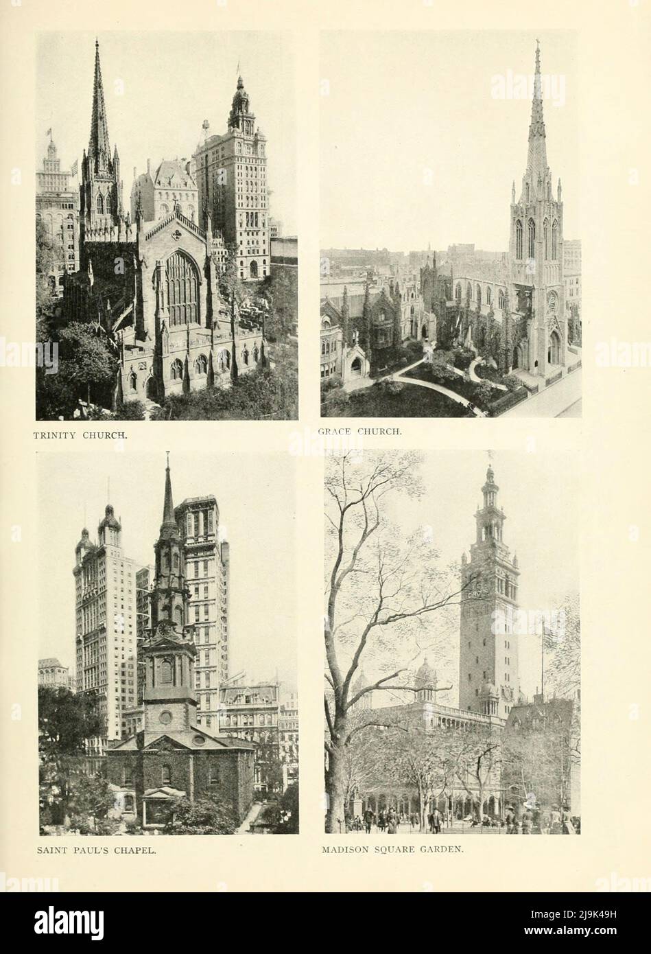 Trinity Church; Grace Church; Saint Paul's Chapel; Madison Square Garden from the book ' New York illustrated ' Publication date 1911 Publisher New York : Success Postal Card Co. Stock Photo