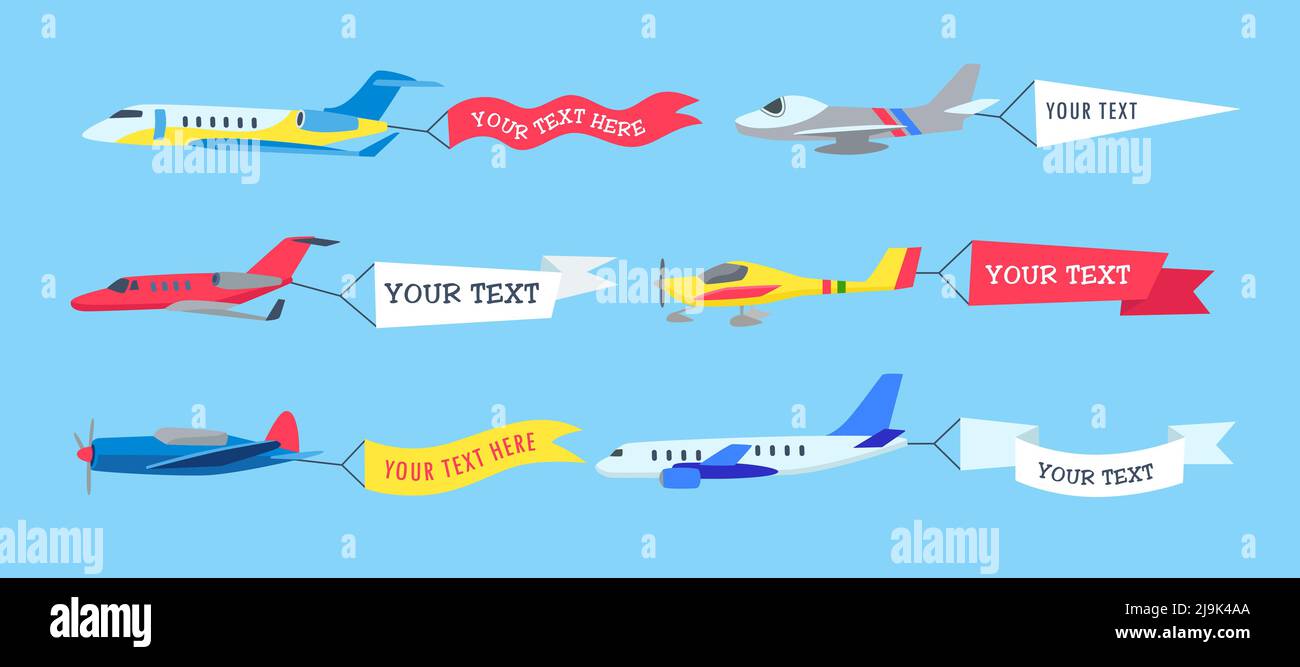 Aircrafts in sky with banners for text cartoon illustration set. Plane, airplane, airline, biplane flying with advertising ribbons, flags. Flying adve Stock Vector