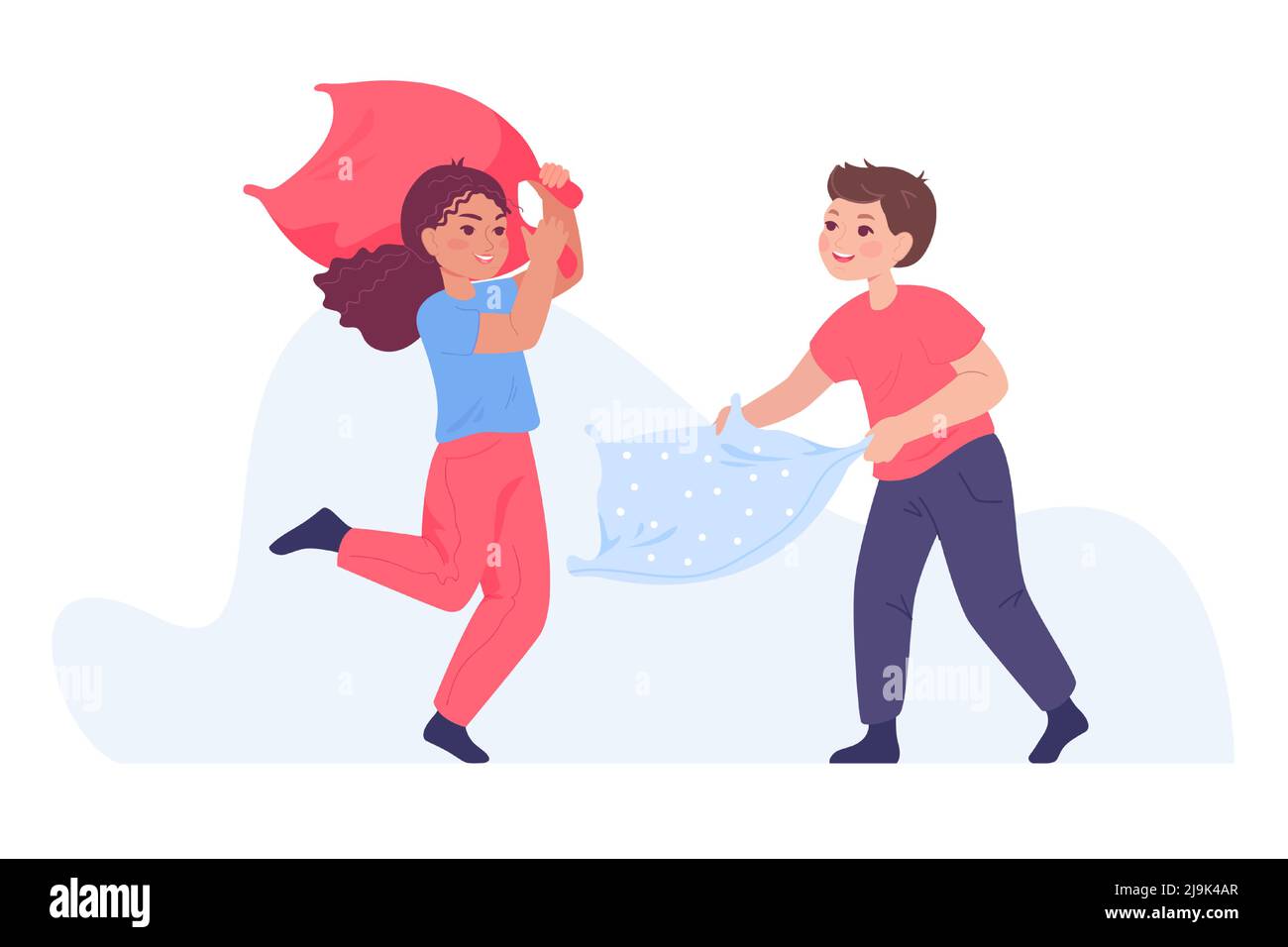 Adorable kids having fun together while fighting using pillows. Boy and girl characters having pillow fight in pajamas flat vector illustration. Child Stock Vector